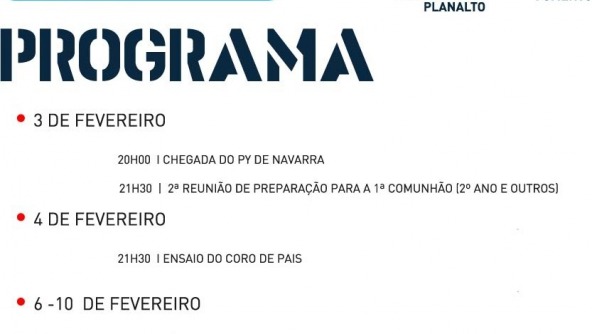 Planalto - Calendário de fevereiro